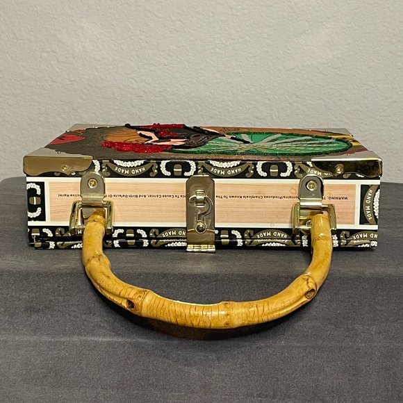 Cigar Box Purse w/Bamboo Handle & Leopard Fabric Interior - Picture 6 of 7